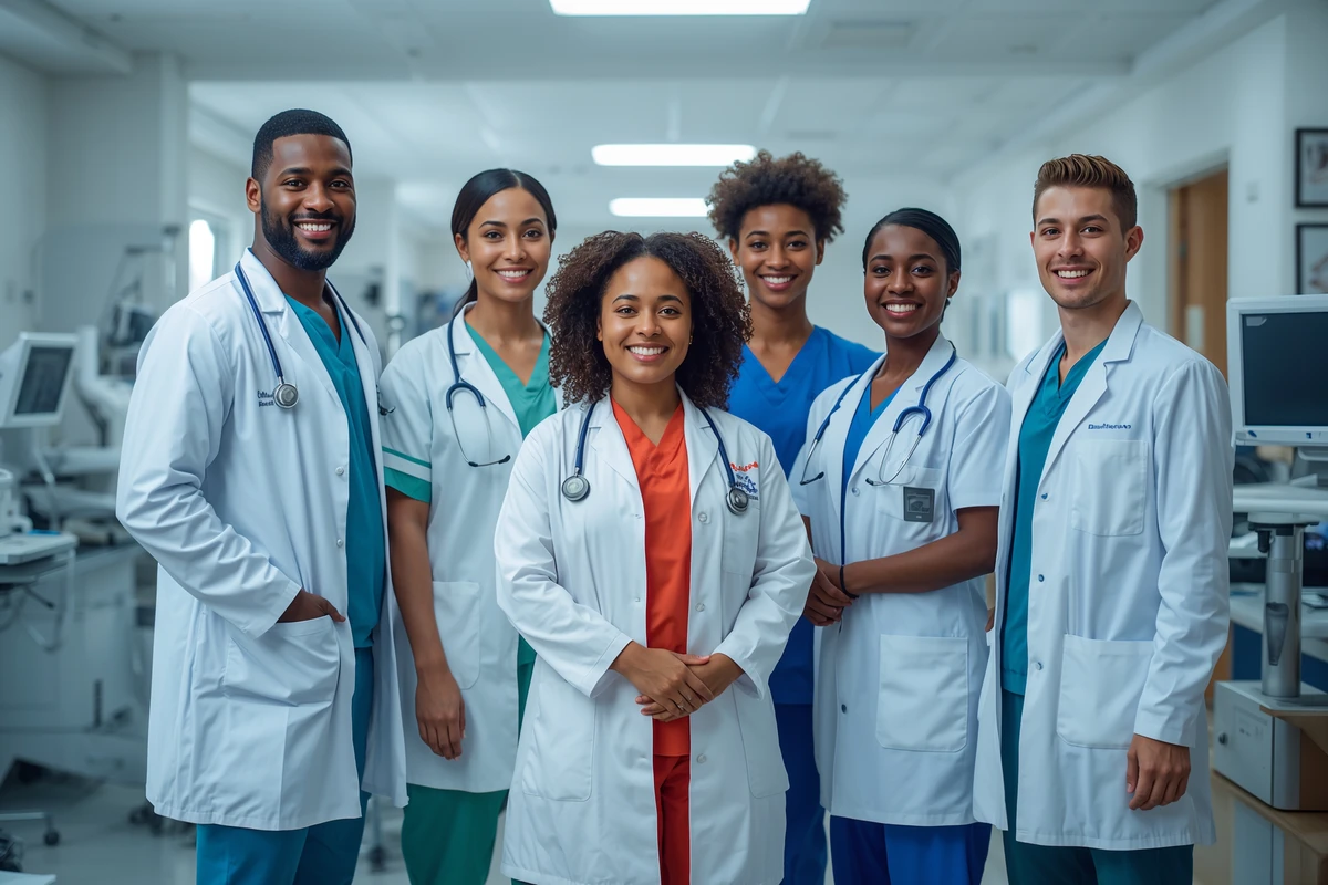 Professional diverse medical team at MedConnect Pro - doctors and nurses in modern clinic